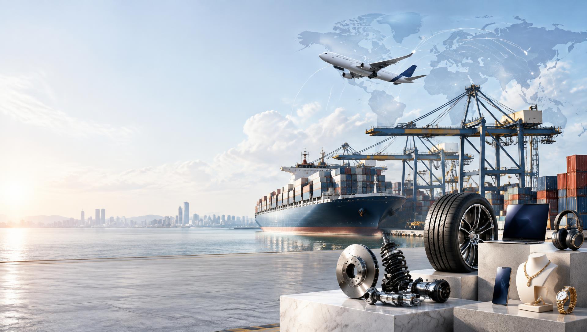 Operação global com porto, contêineres, navio e avião cargueiro